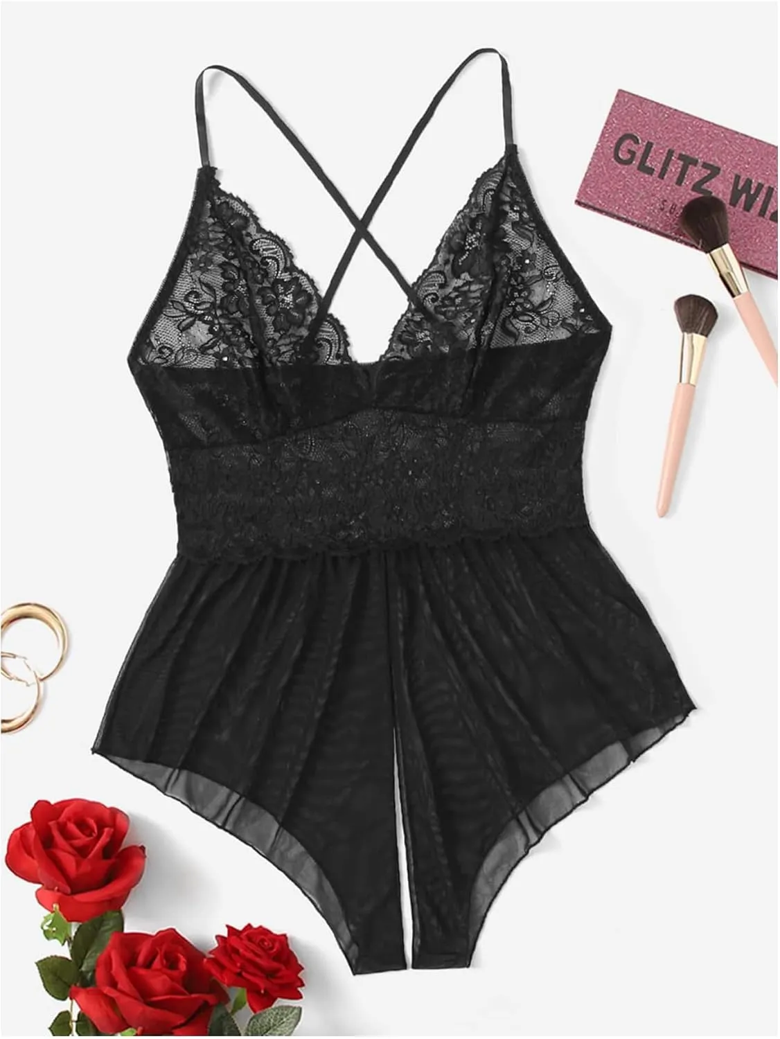 SweatyRocks Women's Plus Size Lingerie Sheer Mesh Floral Lace Cutout Teddy Bodysuit