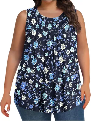 Tank Top for Women Plus Size Printed Sleeveless Tops Loose Casual Pleated Crewneck Blouses Trendy Flowy Tunic Tshirts