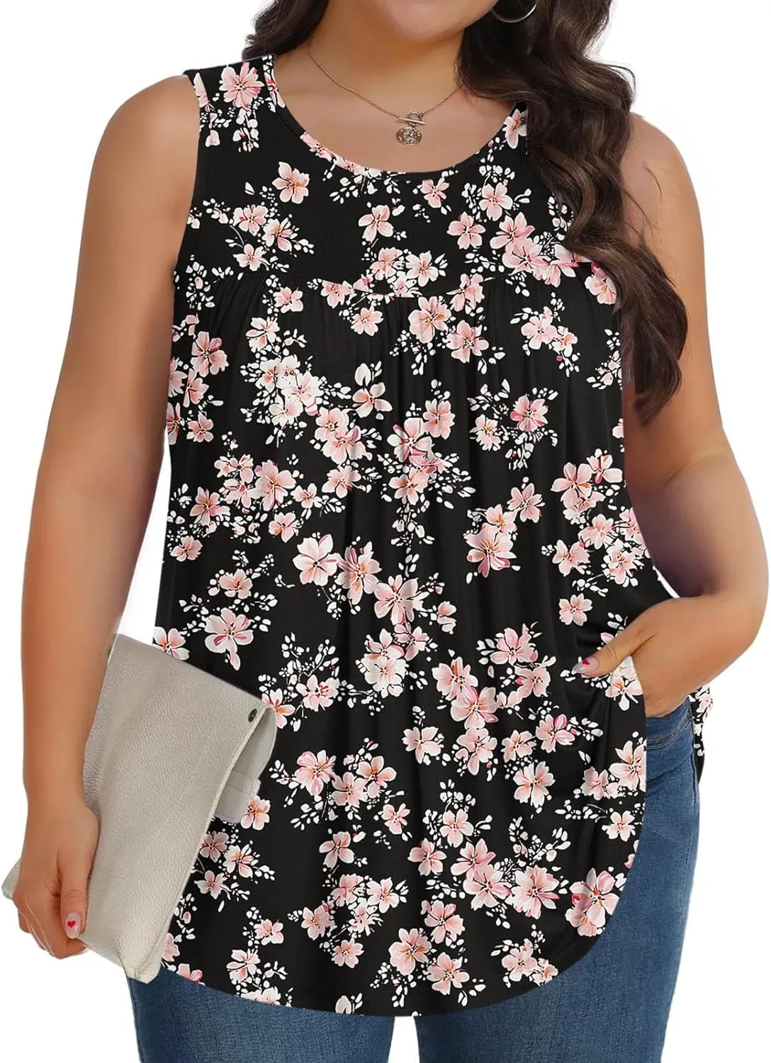 Tank Top for Women Plus Size Printed Sleeveless Tops Loose Casual Pleated Crewneck Blouses Trendy Flowy Tunic Tshirts