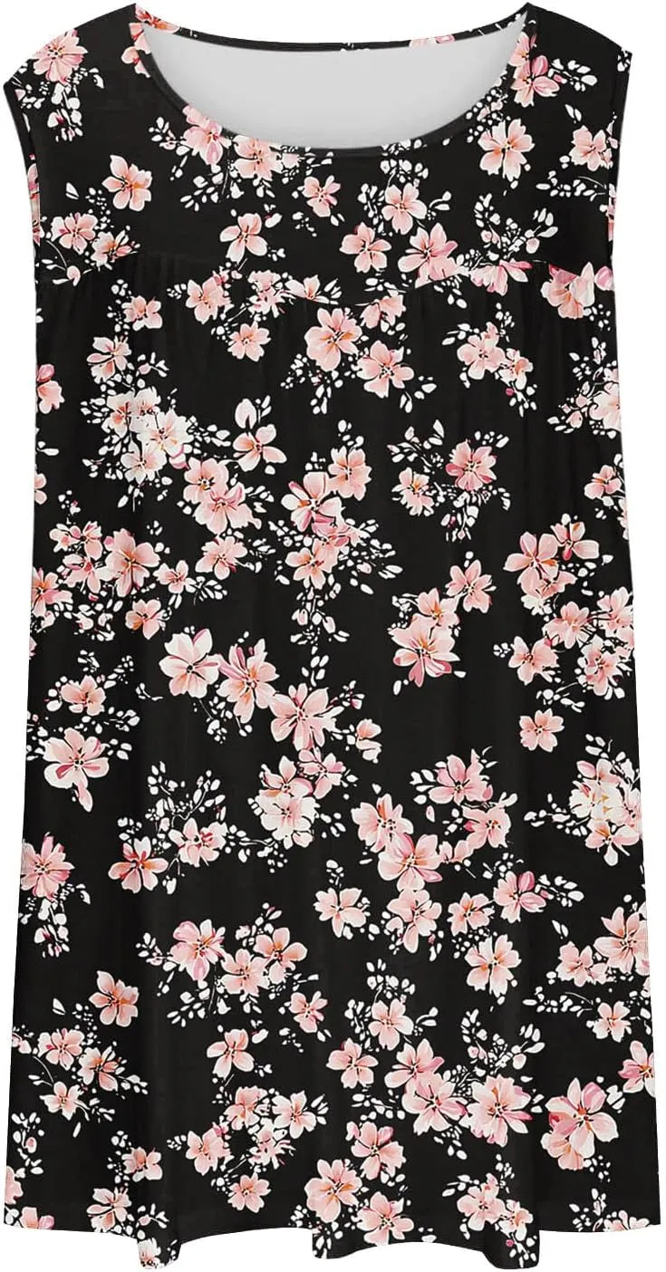 Tank Top for Women Plus Size Printed Sleeveless Tops Loose Casual Pleated Crewneck Blouses Trendy Flowy Tunic Tshirts