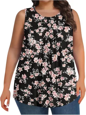 Tank Top for Women Plus Size Printed Sleeveless Tops Loose Casual Pleated Crewneck Blouses Trendy Flowy Tunic Tshirts