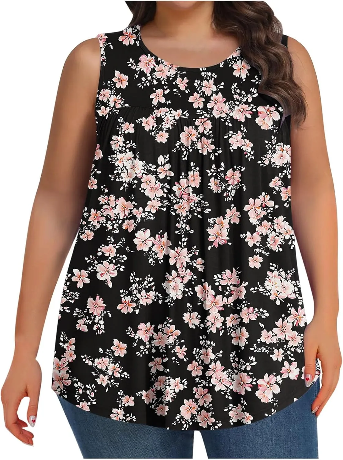 Tank Top for Women Plus Size Printed Sleeveless Tops Loose Casual Pleated Crewneck Blouses Trendy Flowy Tunic Tshirts