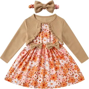 Toddler Girl Dresses 1-5T Faux Two-Piece Bowknot Cardigan Dress with Hairband