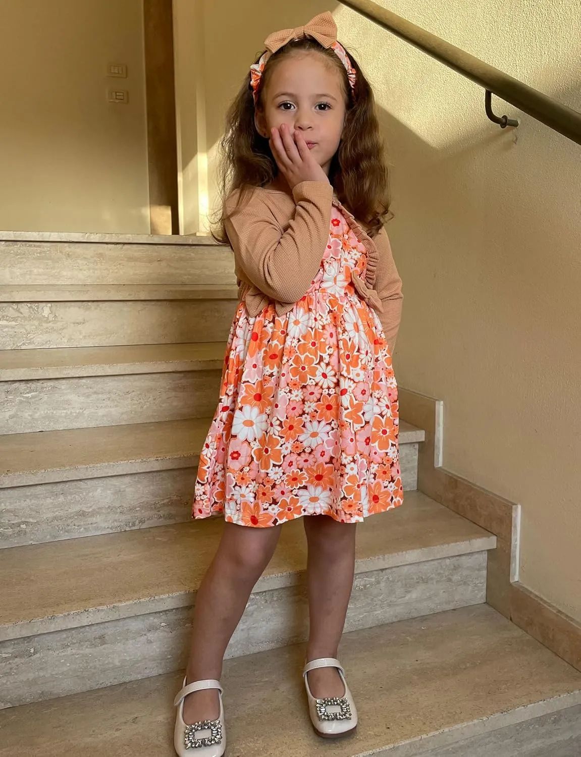 Toddler Girl Dresses 1-5T Faux Two-Piece Bowknot Cardigan Dress with Hairband