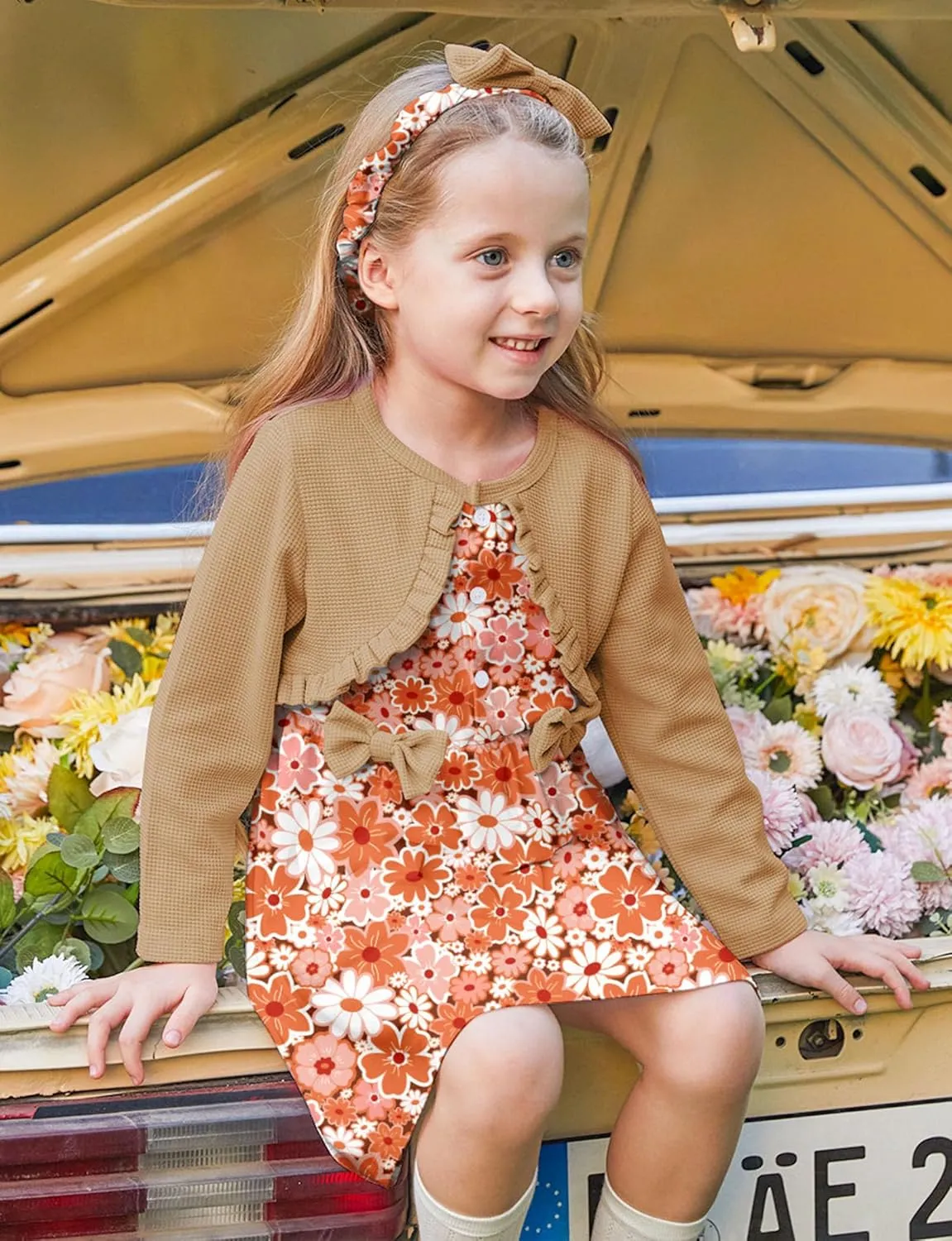 Toddler Girl Dresses 1-5T Faux Two-Piece Bowknot Cardigan Dress with Hairband