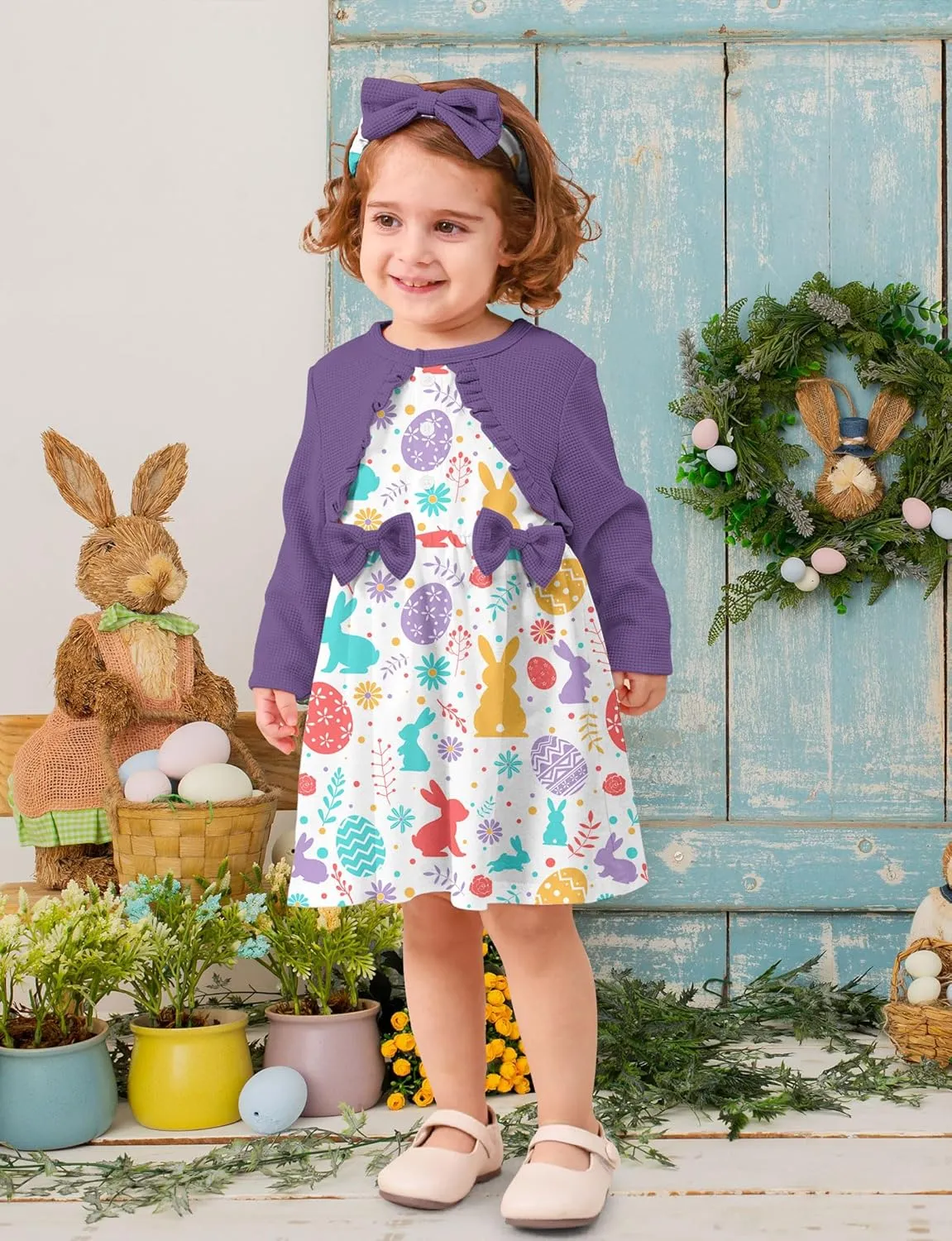Toddler Girl Dresses 1-5T Faux Two-Piece Bowknot Cardigan Dress with Hairband