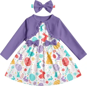 Toddler Girl Dresses 1-5T Faux Two-Piece Bowknot Cardigan Dress with Hairband