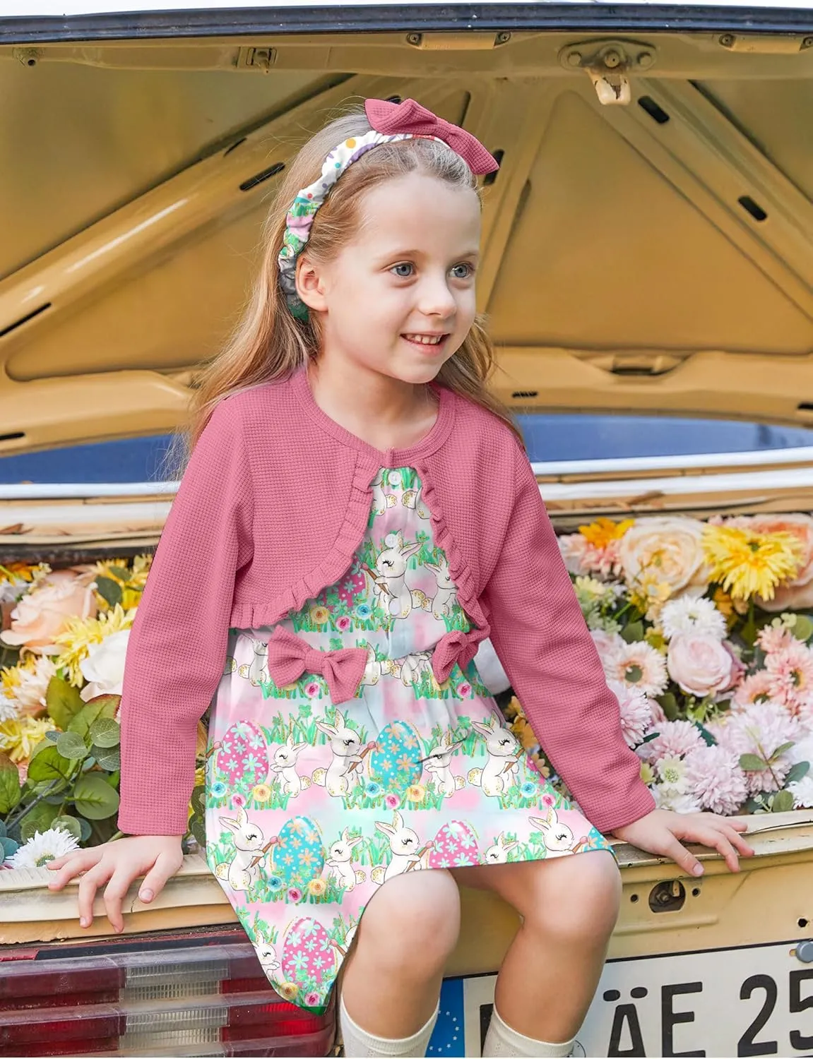 Toddler Girl Dresses 1-5T Faux Two-Piece Bowknot Cardigan Dress with Hairband