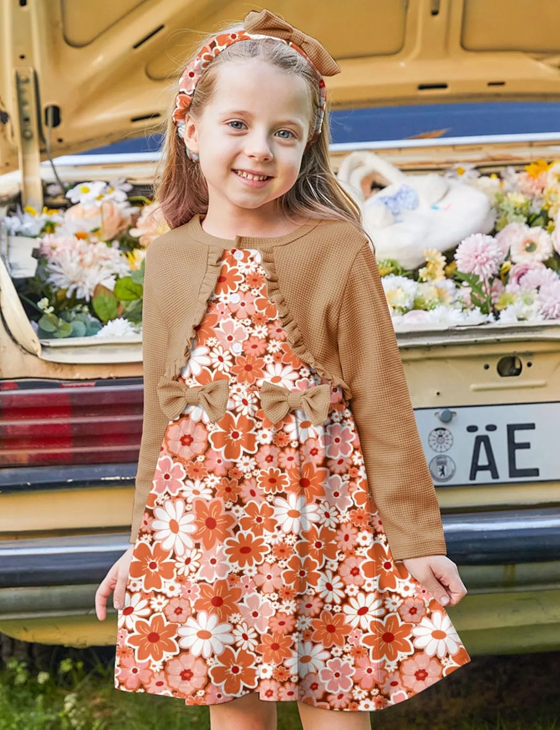 Toddler Girl Dresses 1-5T Faux Two-Piece Bowknot Cardigan Dress with Hairband