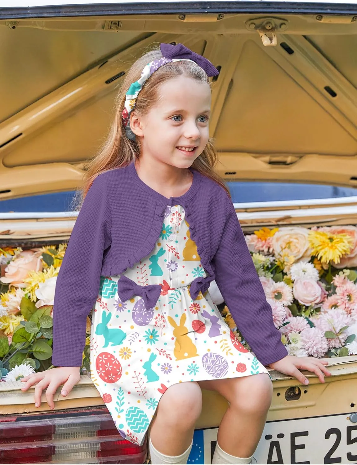 Toddler Girl Dresses 1-5T Faux Two-Piece Bowknot Cardigan Dress with Hairband