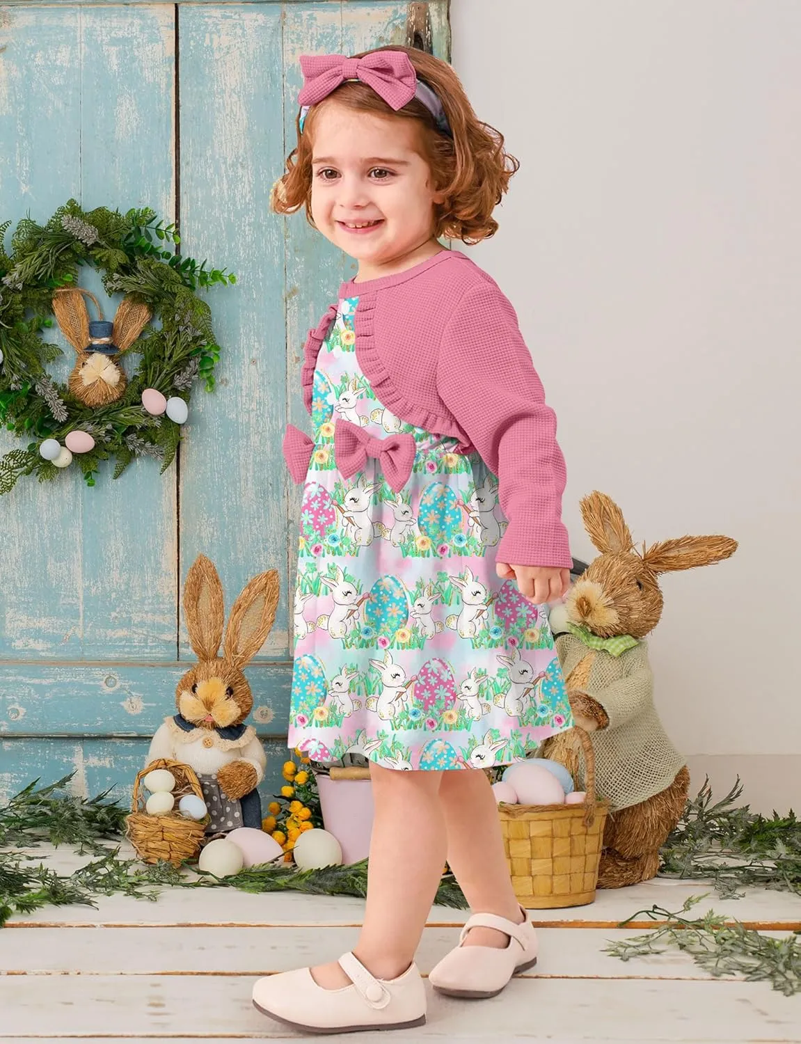 Toddler Girl Dresses 1-5T Faux Two-Piece Bowknot Cardigan Dress with Hairband