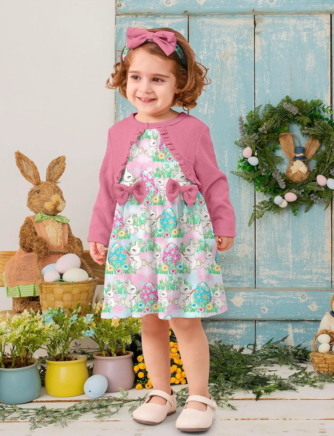 Toddler Girl Dresses 1-5T Faux Two-Piece Bowknot Cardigan Dress with Hairband