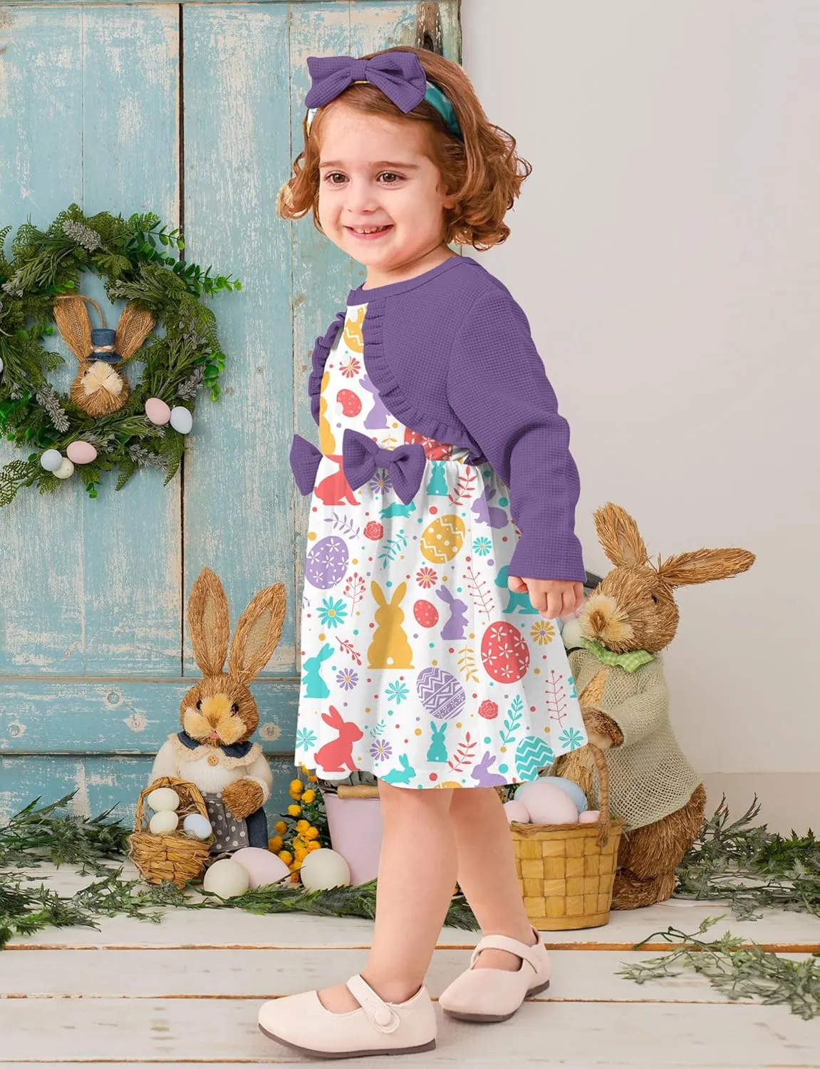 Toddler Girl Dresses 1-5T Faux Two-Piece Bowknot Cardigan Dress with Hairband