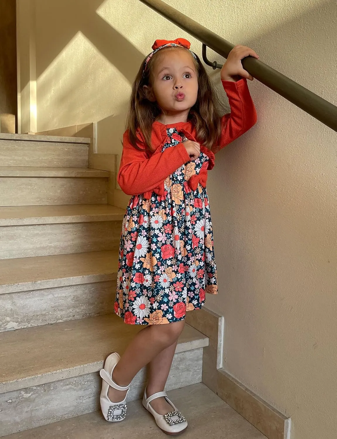 Toddler Girl Dresses 1-5T Faux Two-Piece Bowknot Cardigan Dress with Hairband