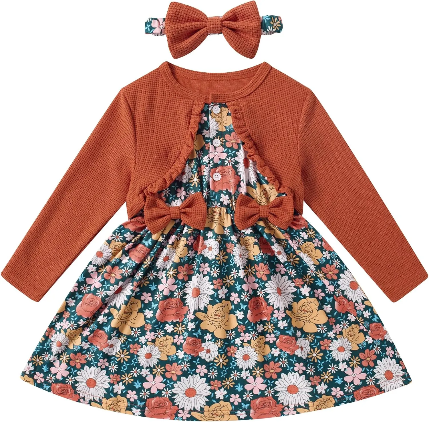 Toddler Girl Dresses 1-5T Faux Two-Piece Bowknot Cardigan Dress with Hairband