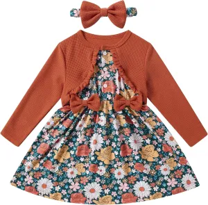 Toddler Girl Dresses 1-5T Faux Two-Piece Bowknot Cardigan Dress with Hairband