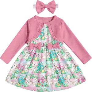 Toddler Girl Dresses 1-5T Faux Two-Piece Bowknot Cardigan Dress with Hairband