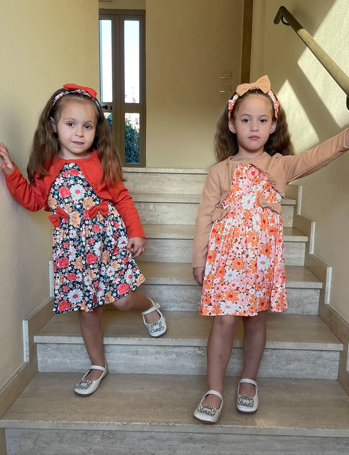 Toddler Girl Dresses 1-5T Faux Two-Piece Bowknot Cardigan Dress with Hairband