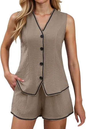Trendy 2 Piece Blazer Sets for Women Sleeveless Button Down Waistcoat and High Waisted Shorts Casual Suit Set