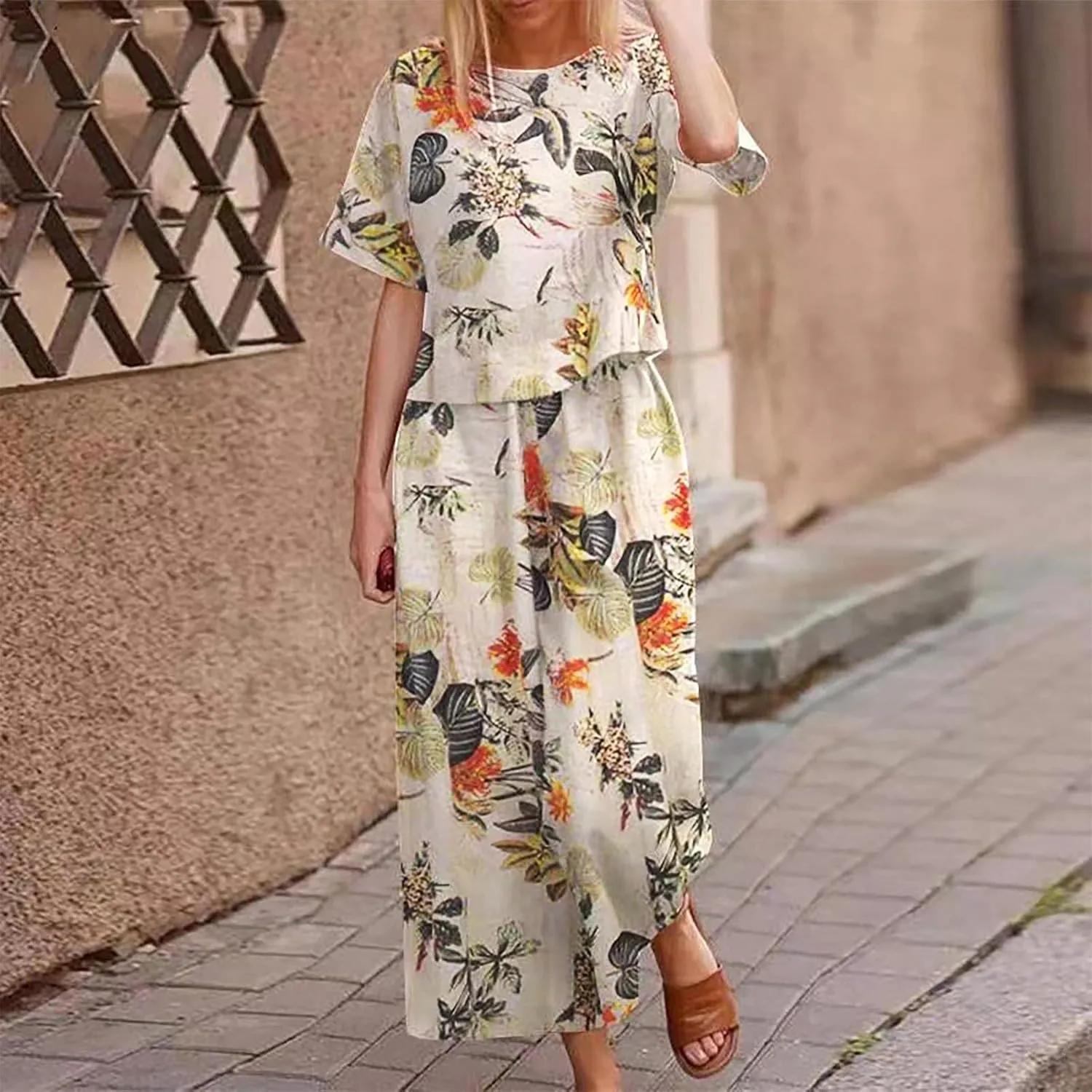 Two Piece Linen Sets for Women Matching Sets Travel Lounge Sets Summer Vacation Outfits Solid Top Wide Leg Pant Suit