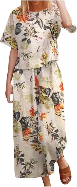 Two Piece Linen Sets for Women Matching Sets Travel Lounge Sets Summer Vacation Outfits Solid Top Wide Leg Pant Suit