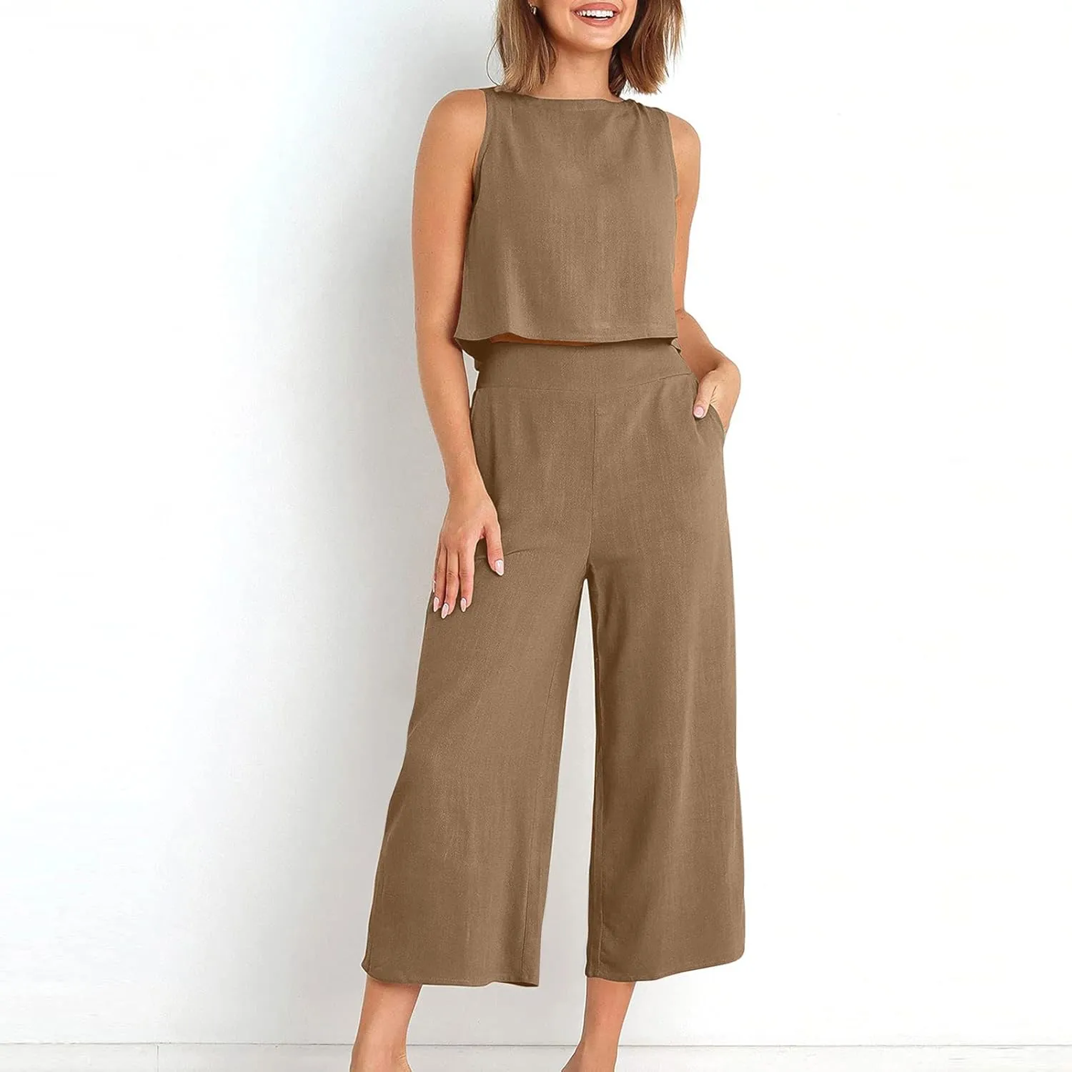 Two Piece Linen Sets for Women Pants Casual Dressy Outfit Sleeveless Crop Tank Wide Leg Pants Sets Matching Loungewear