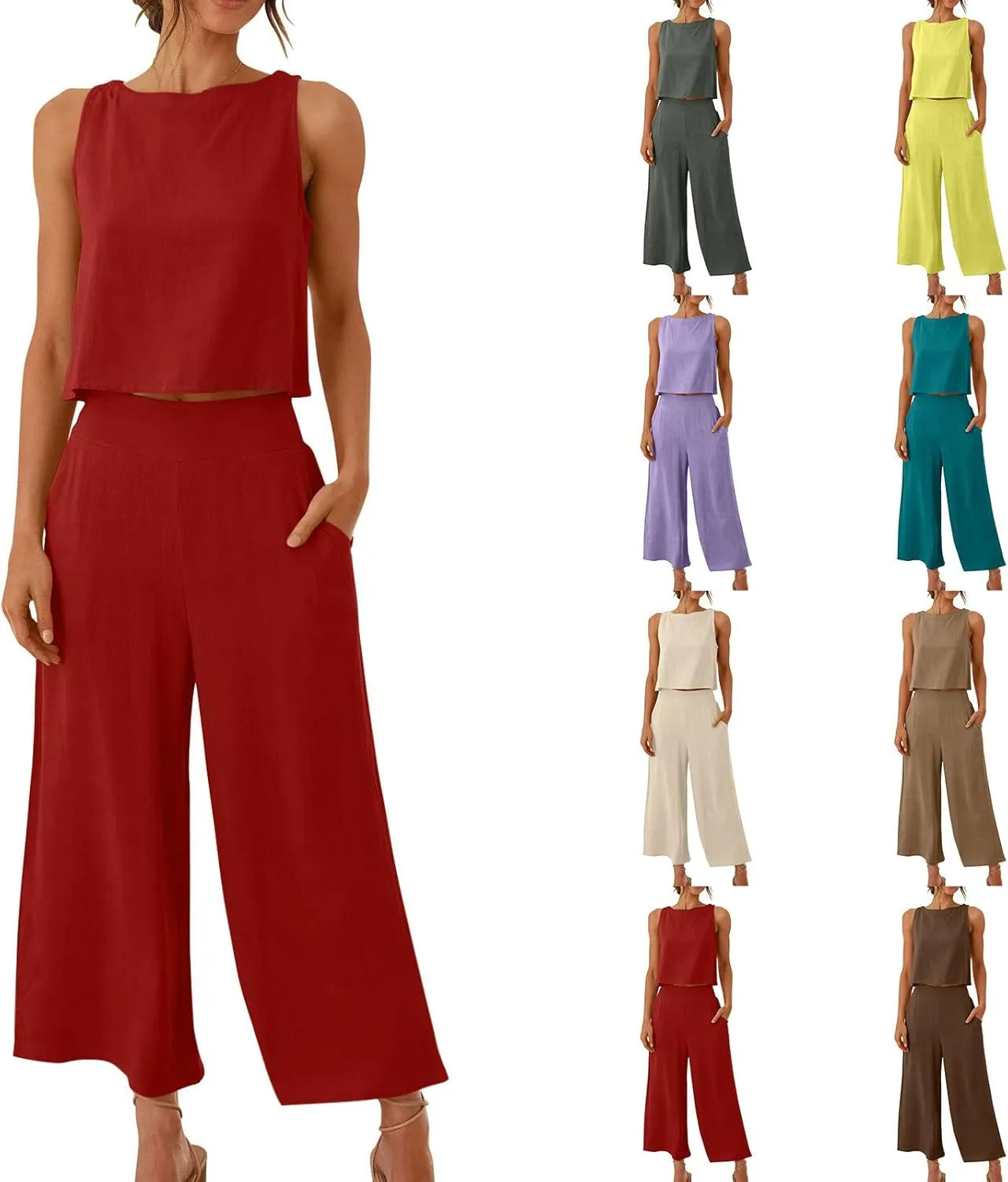 Two Piece Linen Sets for Women Pants Casual Dressy Outfit Sleeveless Crop Tank Wide Leg Pants Sets Matching Loungewear