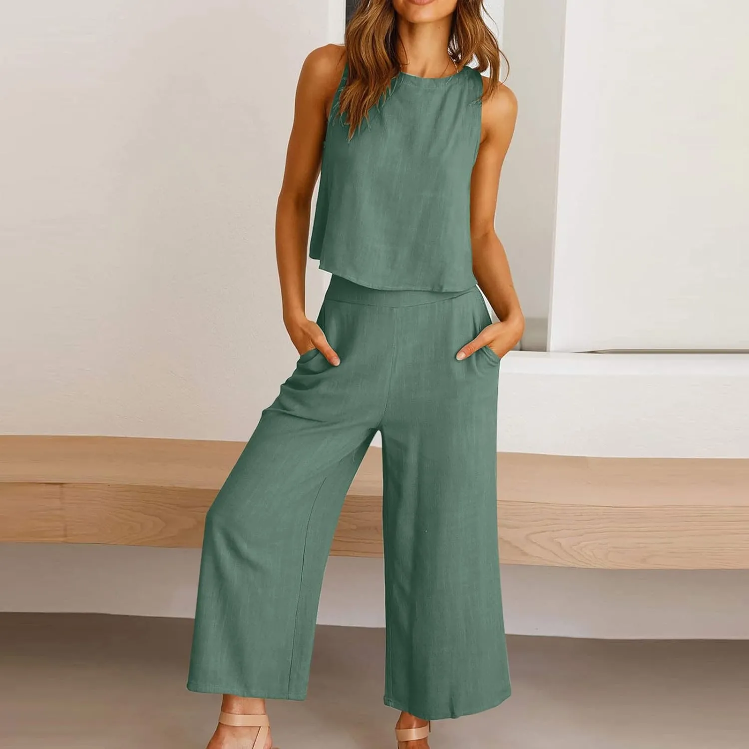 Two Piece Linen Sets for Women Pants Casual Dressy Outfit Sleeveless Crop Tank Wide Leg Pants Sets Matching Loungewear