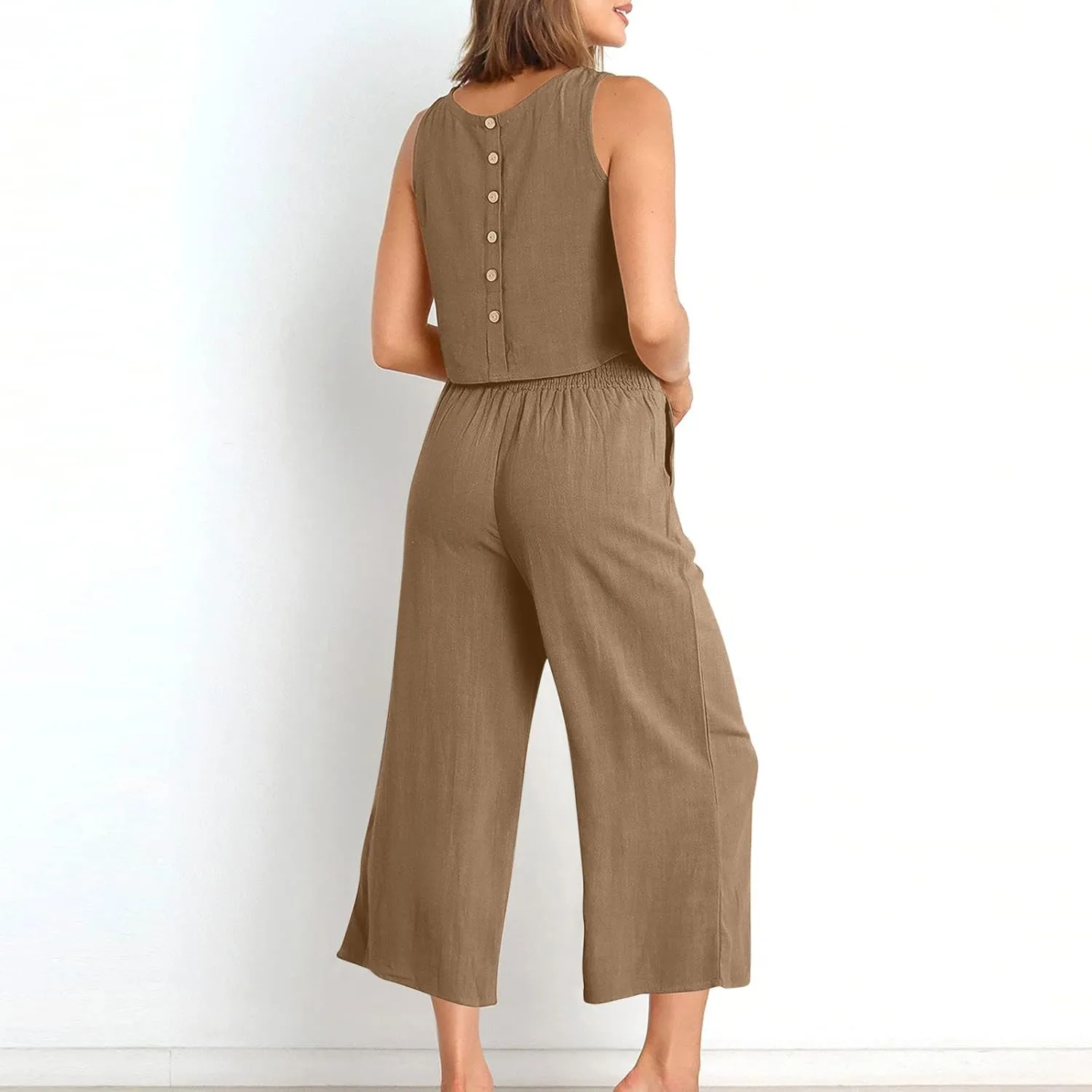 Two Piece Linen Sets for Women Pants Casual Dressy Outfit Sleeveless Crop Tank Wide Leg Pants Sets Matching Loungewear