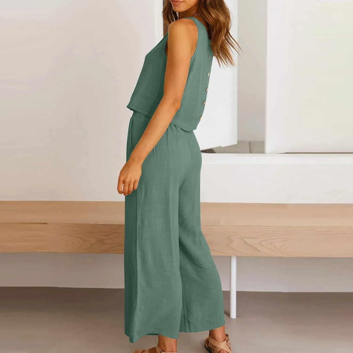 Two Piece Linen Sets for Women Pants Casual Dressy Outfit Sleeveless Crop Tank Wide Leg Pants Sets Matching Loungewear