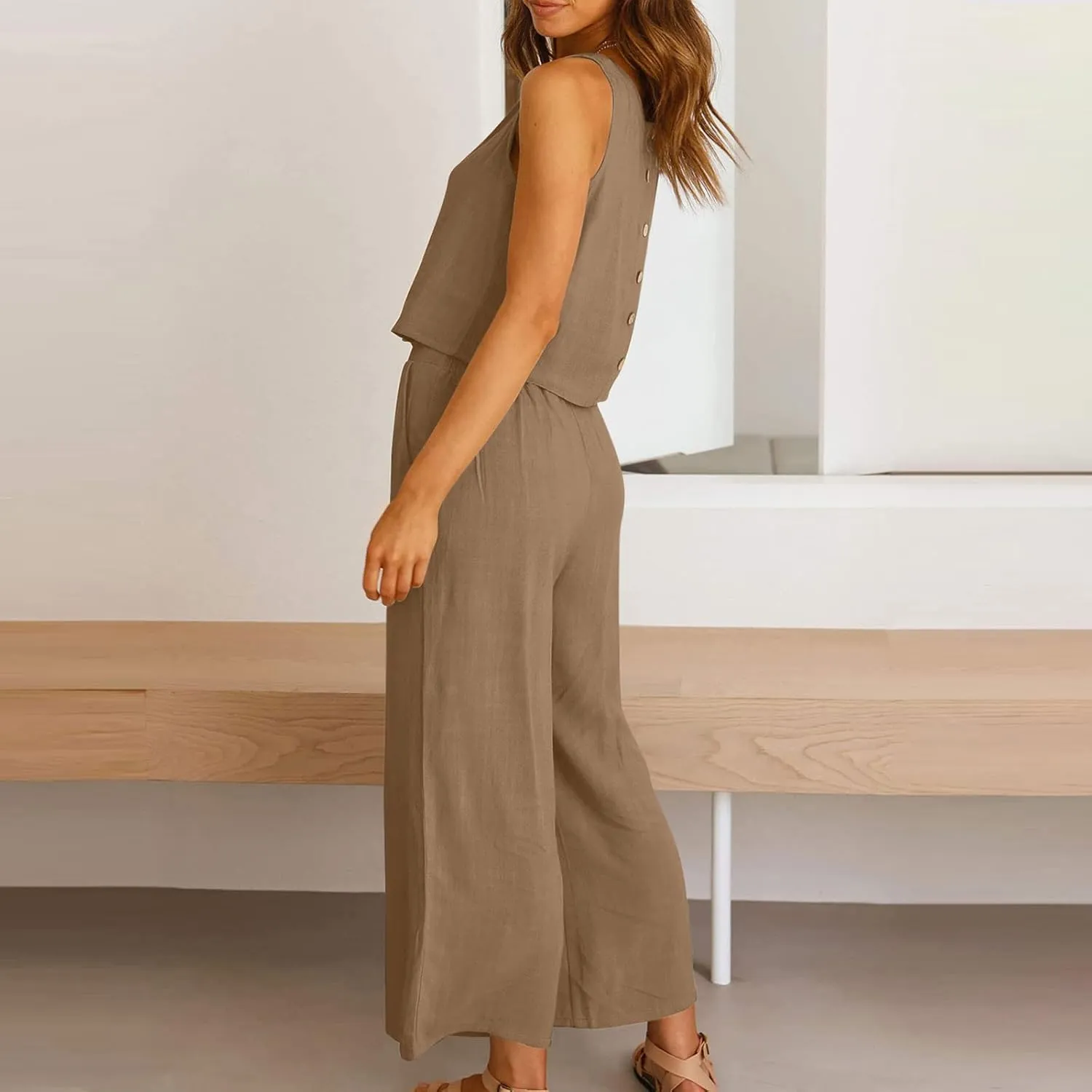 Two Piece Linen Sets for Women Pants Casual Dressy Outfit Sleeveless Crop Tank Wide Leg Pants Sets Matching Loungewear