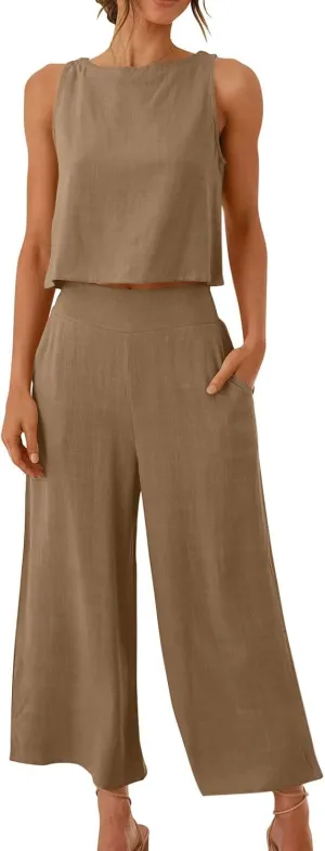 Two Piece Linen Sets for Women Pants Casual Dressy Outfit Sleeveless Crop Tank Wide Leg Pants Sets Matching Loungewear