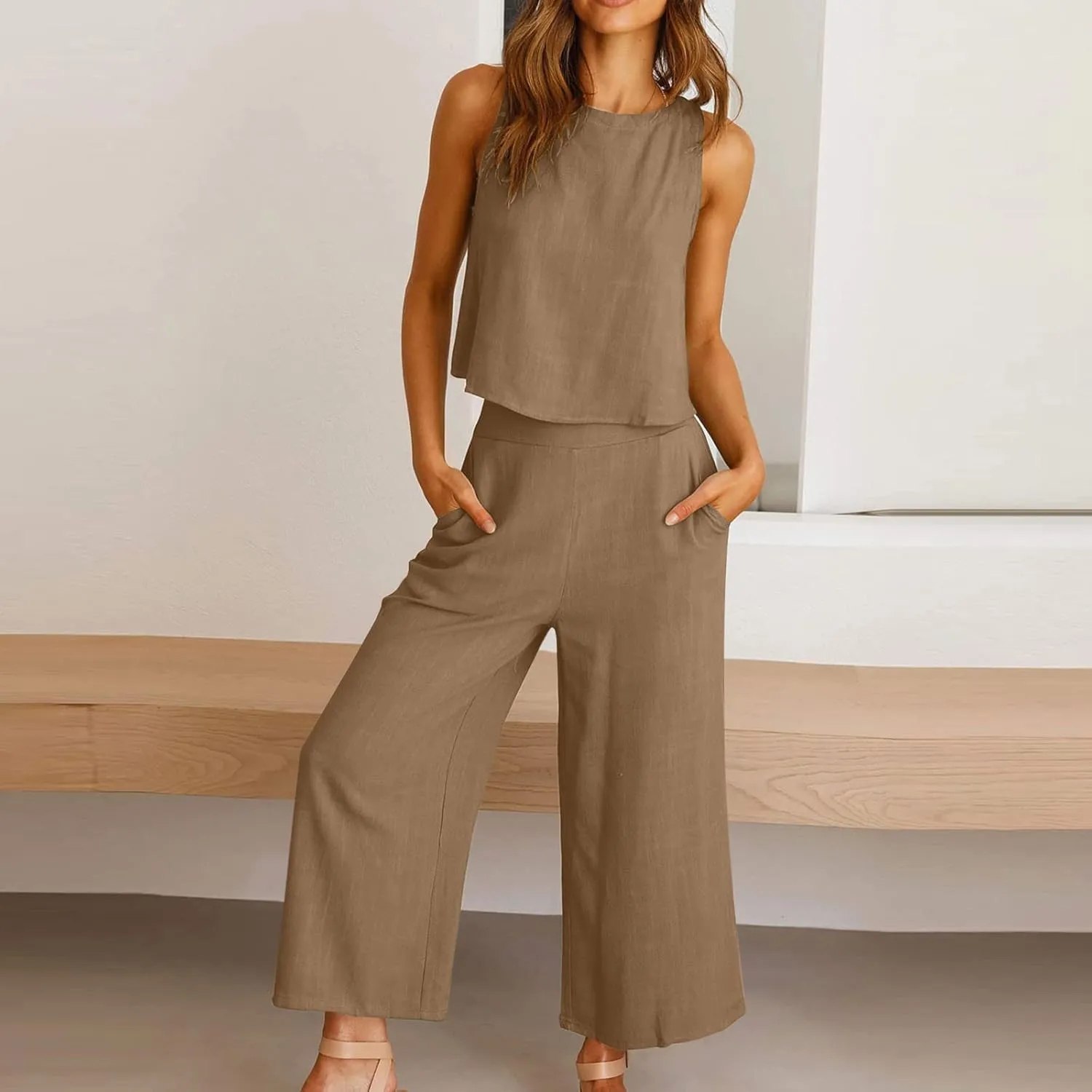Two Piece Linen Sets for Women Pants Casual Dressy Outfit Sleeveless Crop Tank Wide Leg Pants Sets Matching Loungewear