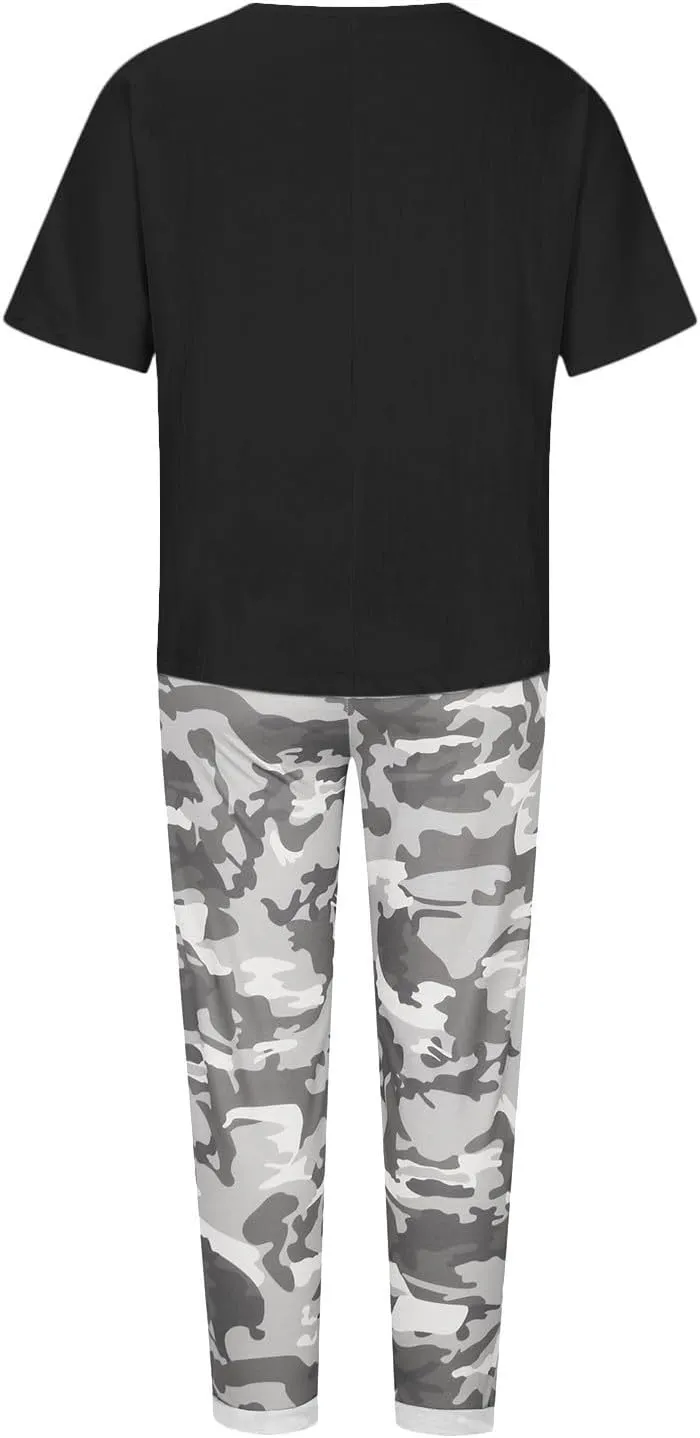 Two Piece Summer Outfits for Women Casual Cotton Linen Sets Oversized T Shirts Camo Capri Pants 2025 Resort Wear