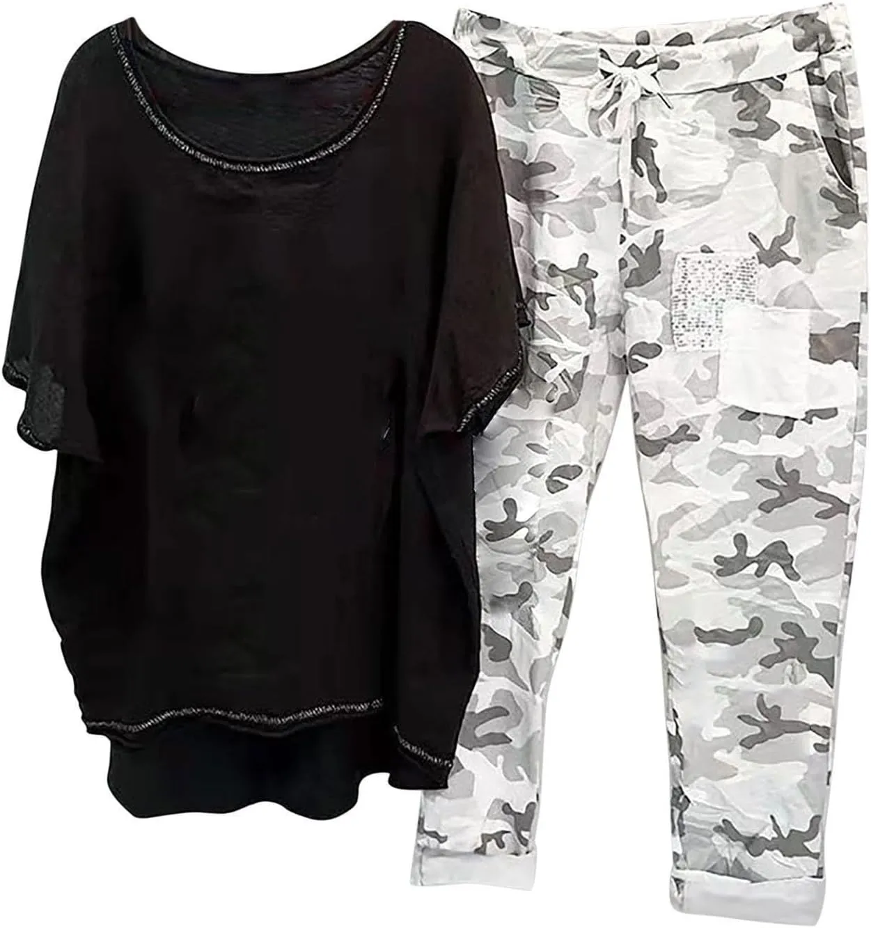 Two Piece Summer Outfits for Women Casual Cotton Linen Sets Oversized T Shirts Camo Capri Pants 2025 Resort Wear