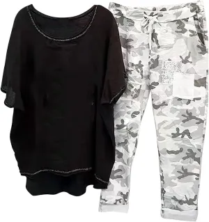 Two Piece Summer Outfits for Women Casual Cotton Linen Sets Oversized T Shirts Camo Capri Pants 2025 Resort Wear