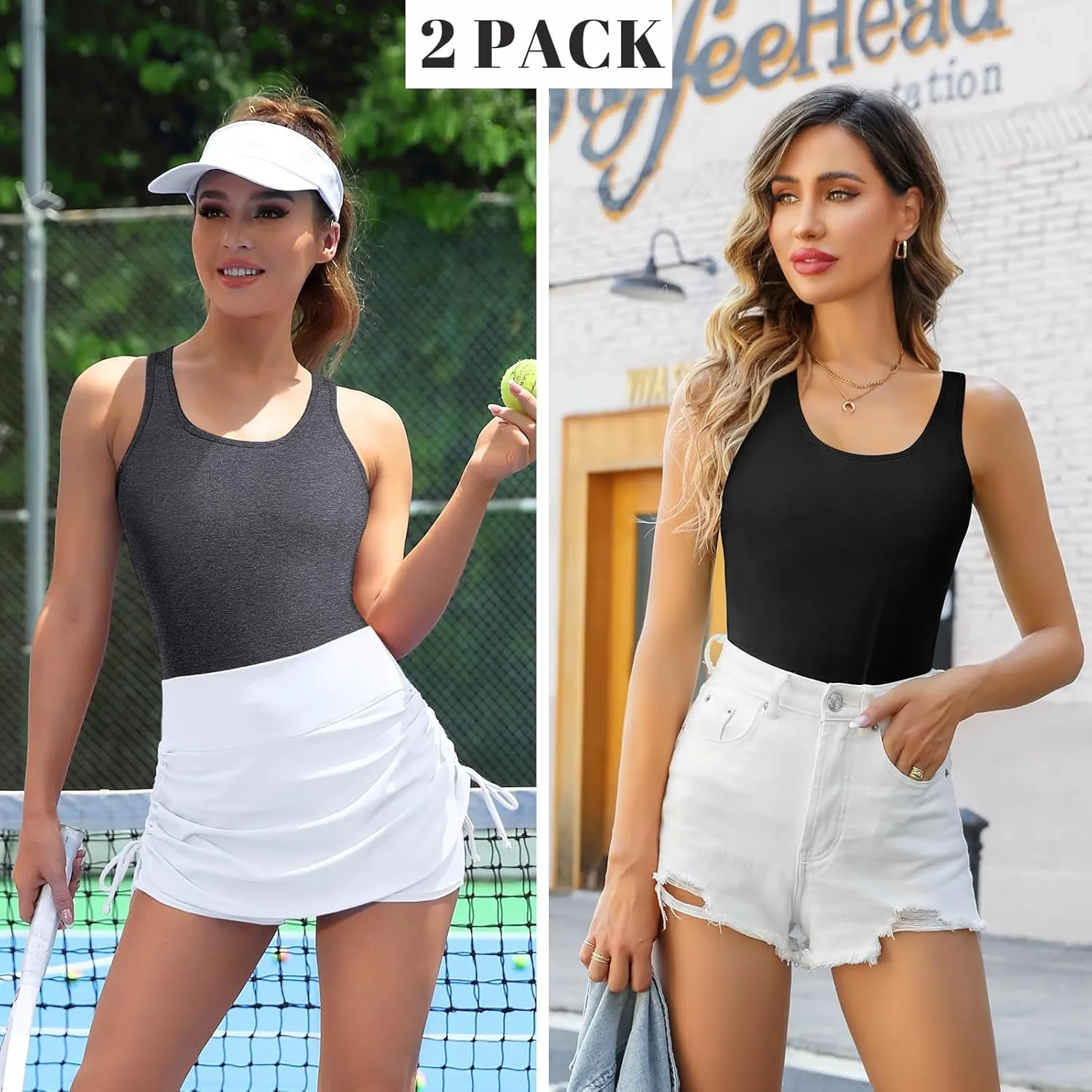 V FOR CITY Womens Shelf Bra Tank Tops Racerback Workout Camis Yoga Shirt Cotton Undershirt 2 Pack