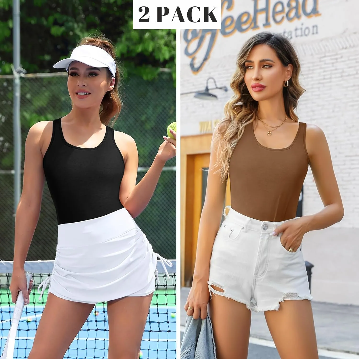 V FOR CITY Womens Shelf Bra Tank Tops Racerback Workout Camis Yoga Shirt Cotton Undershirt 2 Pack