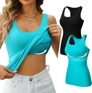 V FOR CITY Womens Shelf Bra Tank Tops Racerback Workout Camis Yoga Shirt Cotton Undershirt 2 Pack