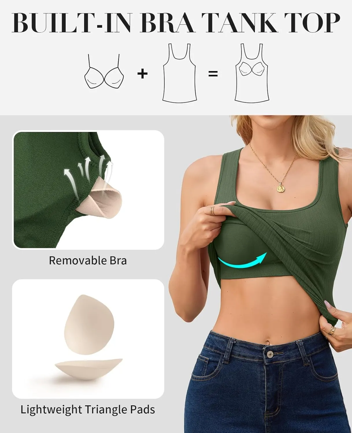 V FOR CITY Womens Square Neck Tank Top with Built-in Bra Ribbed Seamless Camisole Slim Fitted Camis Shirts