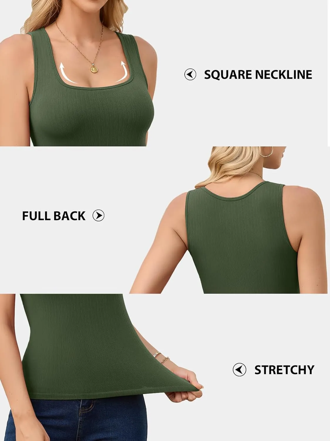 V FOR CITY Womens Square Neck Tank Top with Built-in Bra Ribbed Seamless Camisole Slim Fitted Camis Shirts