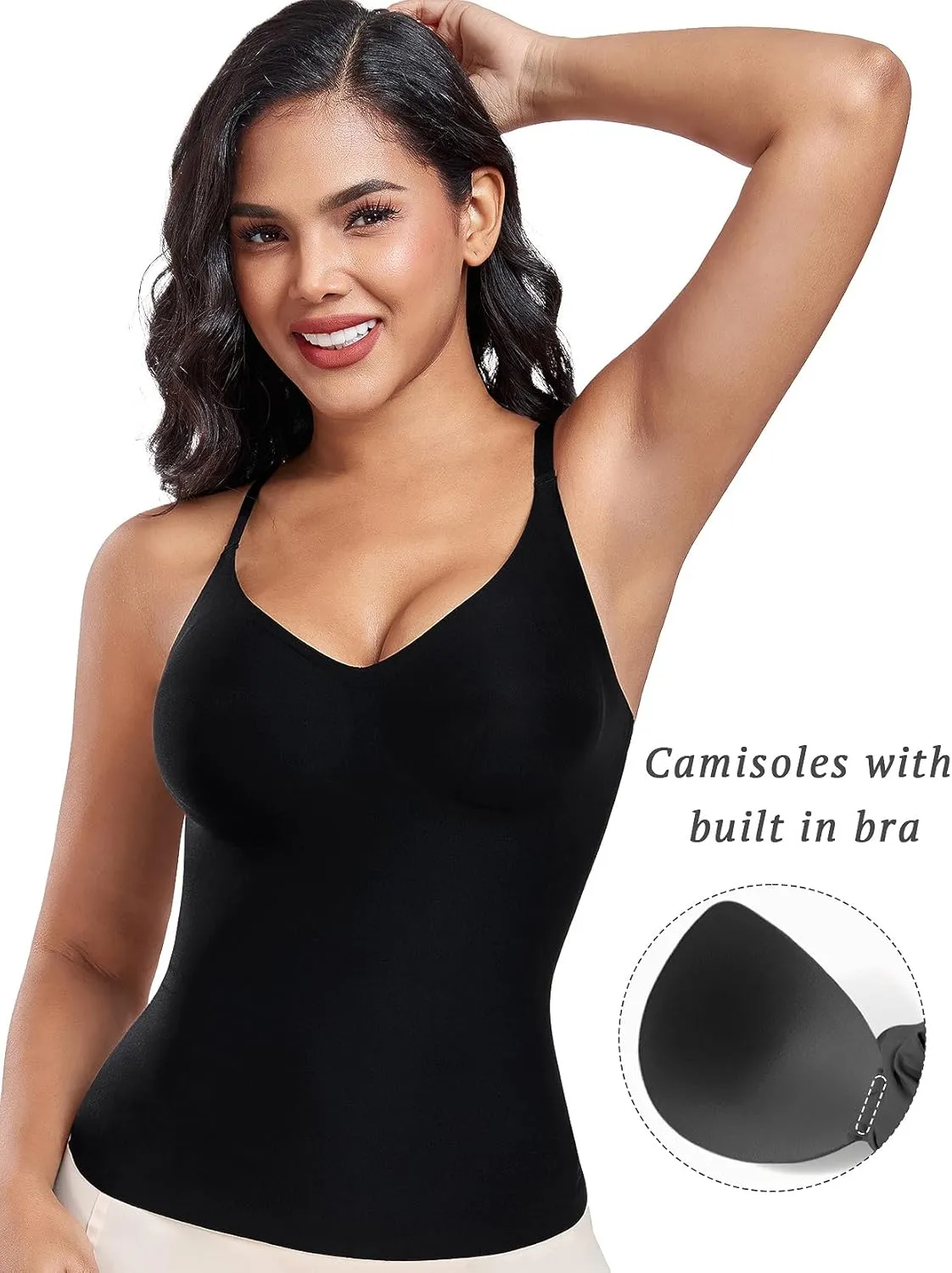 V-Neck Seamless Camisoles Tank Tops with Built in Bra for Women Summer Workout Going Out Tankini Camis