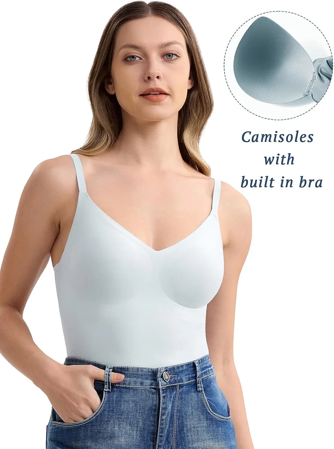 V-Neck Seamless Camisoles Tank Tops with Built in Bra for Women Summer Workout Going Out Tankini Camis