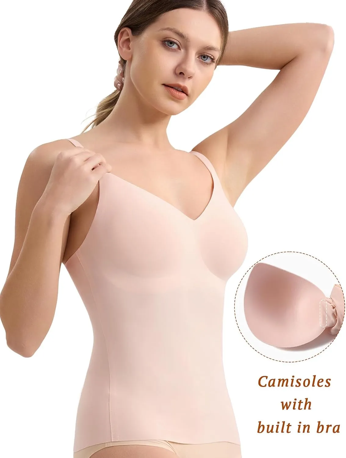 V-Neck Seamless Camisoles Tank Tops with Built in Bra for Women Summer Workout Going Out Tankini Camis