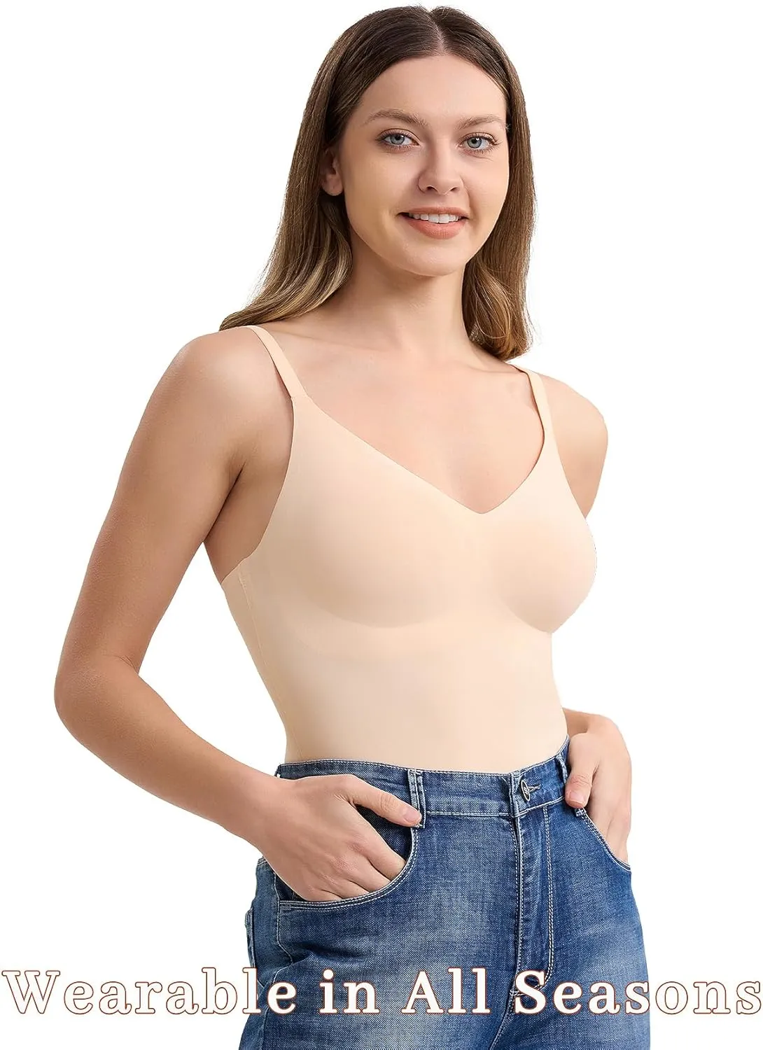 V-Neck Seamless Camisoles Tank Tops with Built in Bra for Women Summer Workout Going Out Tankini Camis