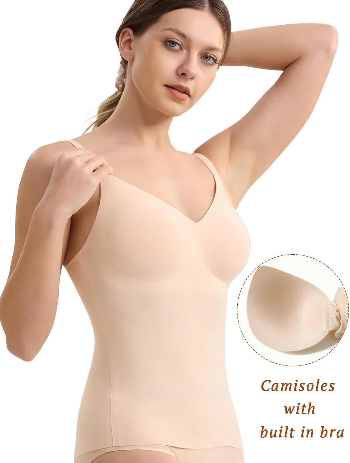V-Neck Seamless Camisoles Tank Tops with Built in Bra for Women Summer Workout Going Out Tankini Camis
