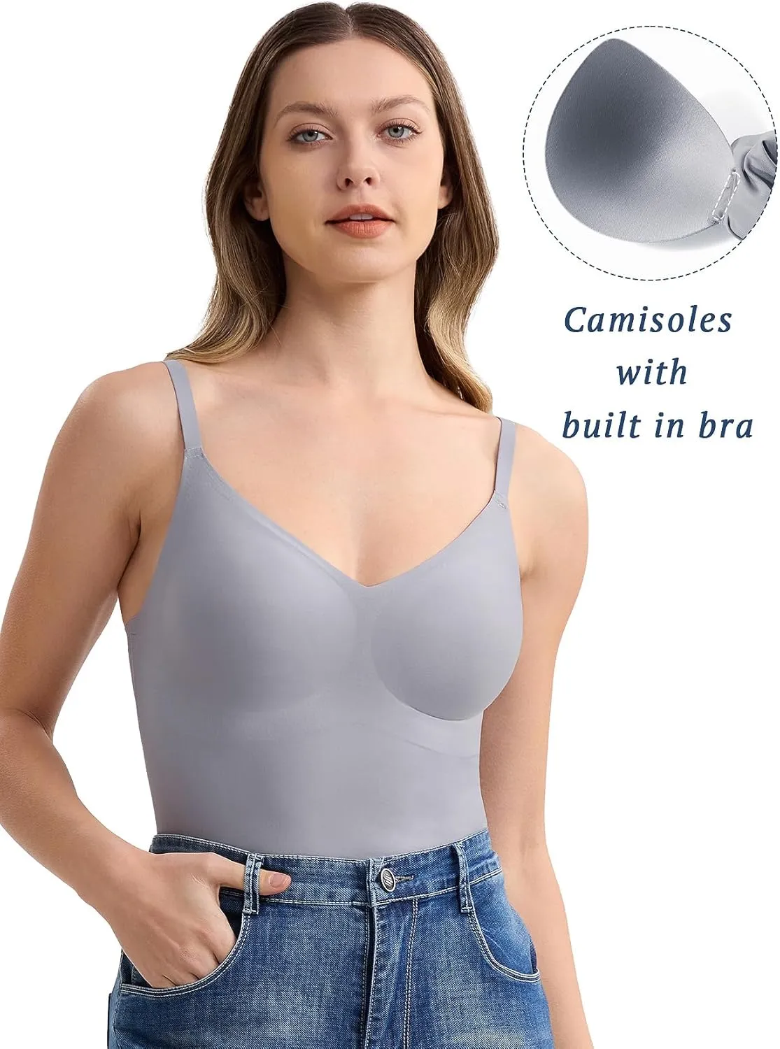 V-Neck Seamless Camisoles Tank Tops with Built in Bra for Women Summer Workout Going Out Tankini Camis