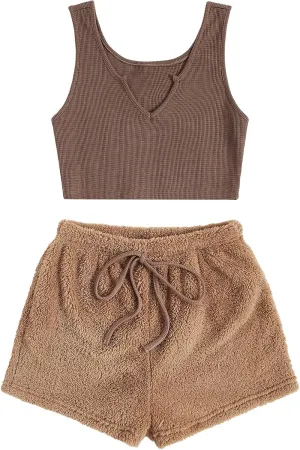 Verdusa Women's Notched Tank Top & Tie Front Teddy Shorts Lounge Pajama Set