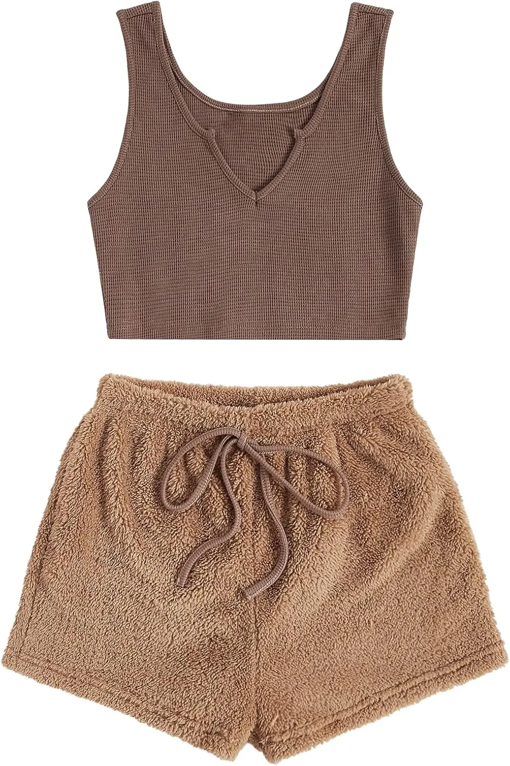 Verdusa Women's Notched Tank Top & Tie Front Teddy Shorts Lounge Pajama Set