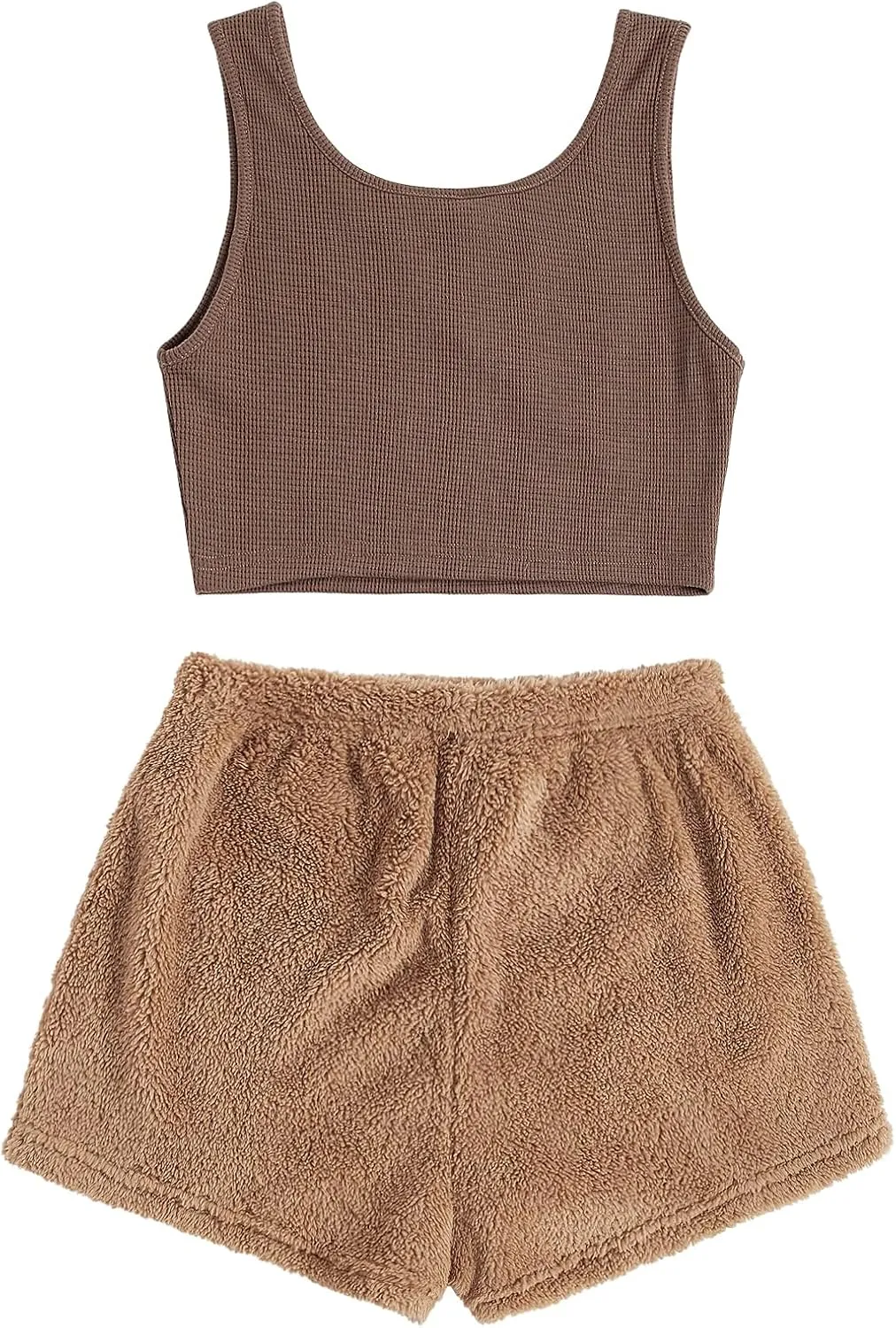 Verdusa Women's Notched Tank Top & Tie Front Teddy Shorts Lounge Pajama Set